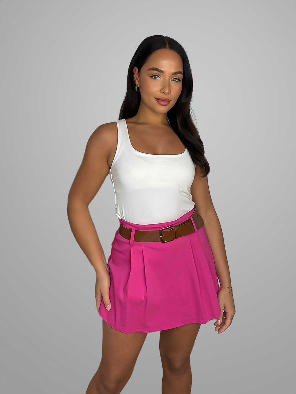 High Waisted Stretchy Belted Pleated Skort-SinglePrice