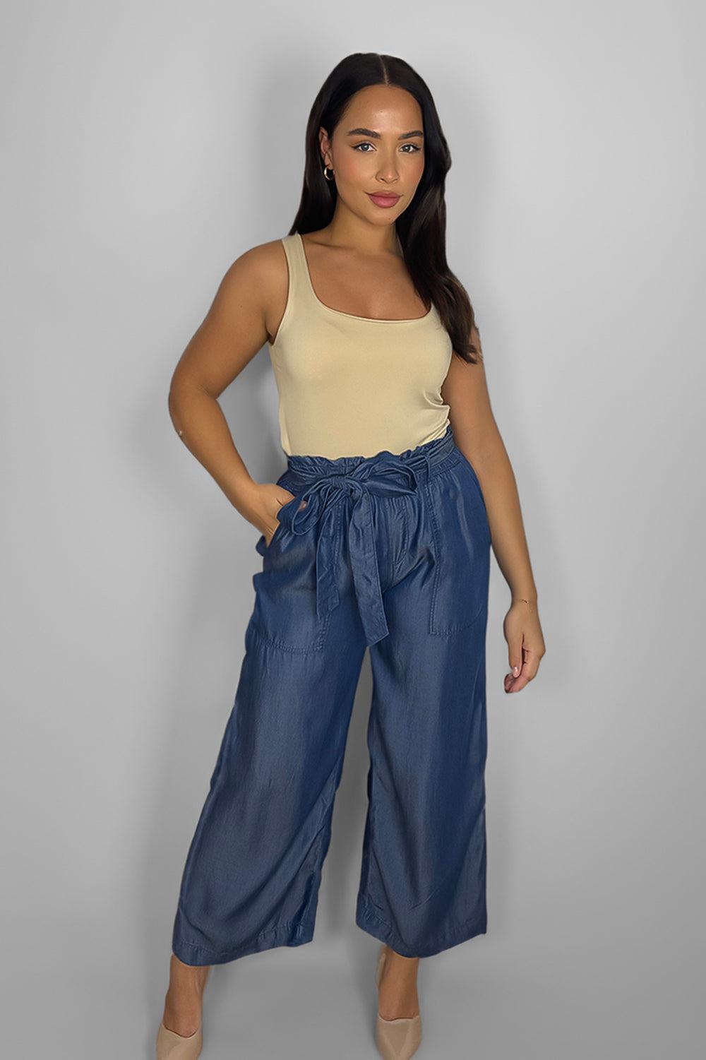 Lightweight Wide Leg Paperbag Trousers