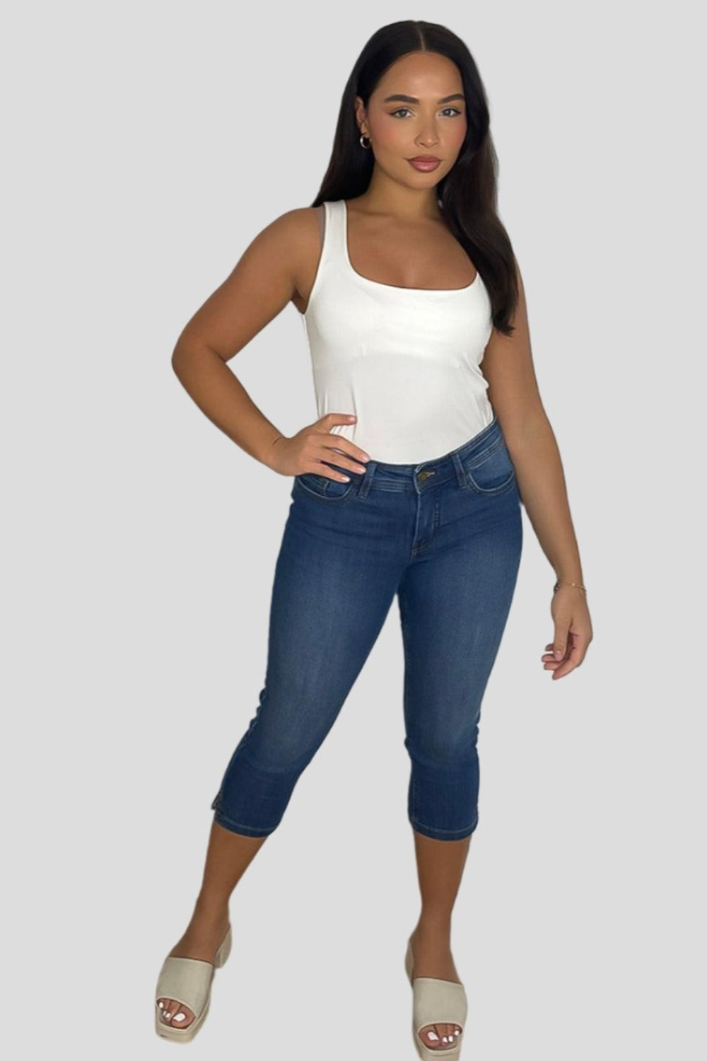 Cropped Denim Skinny Midi Shorts-SinglePrice