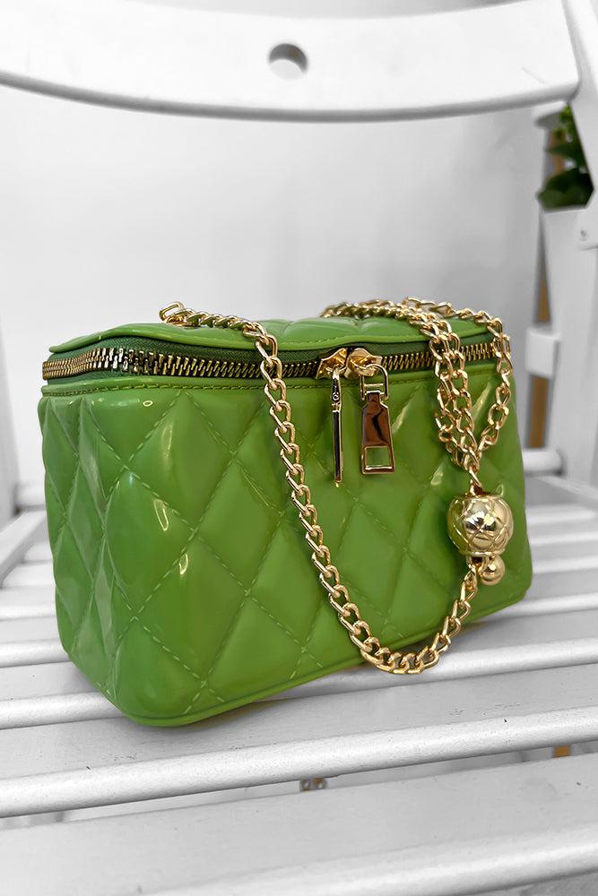 Gold Chain Strap Zip Top Quilted Box Handbag-SinglePrice