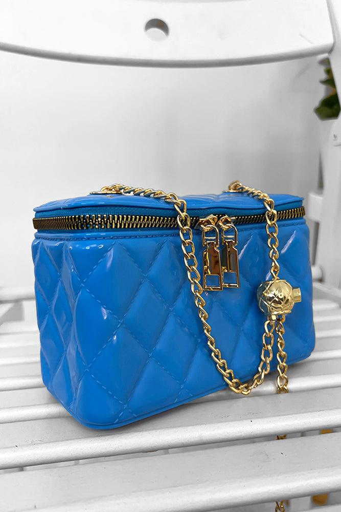 Gold Chain Strap Zip Top Quilted Box Handbag-SinglePrice