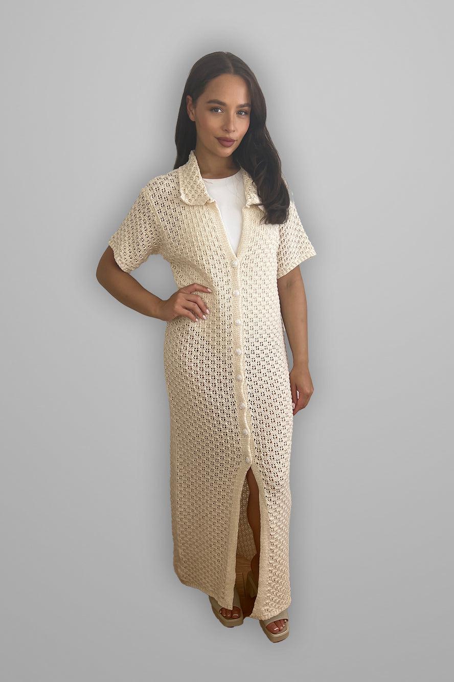 Crochet Knit Midi Shirt Dress-SinglePrice