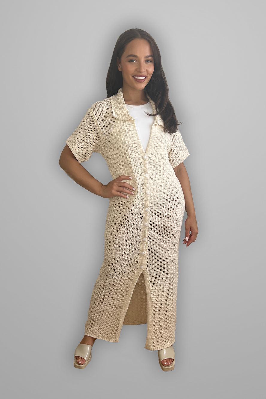 Crochet Knit Midi Shirt Dress-SinglePrice
