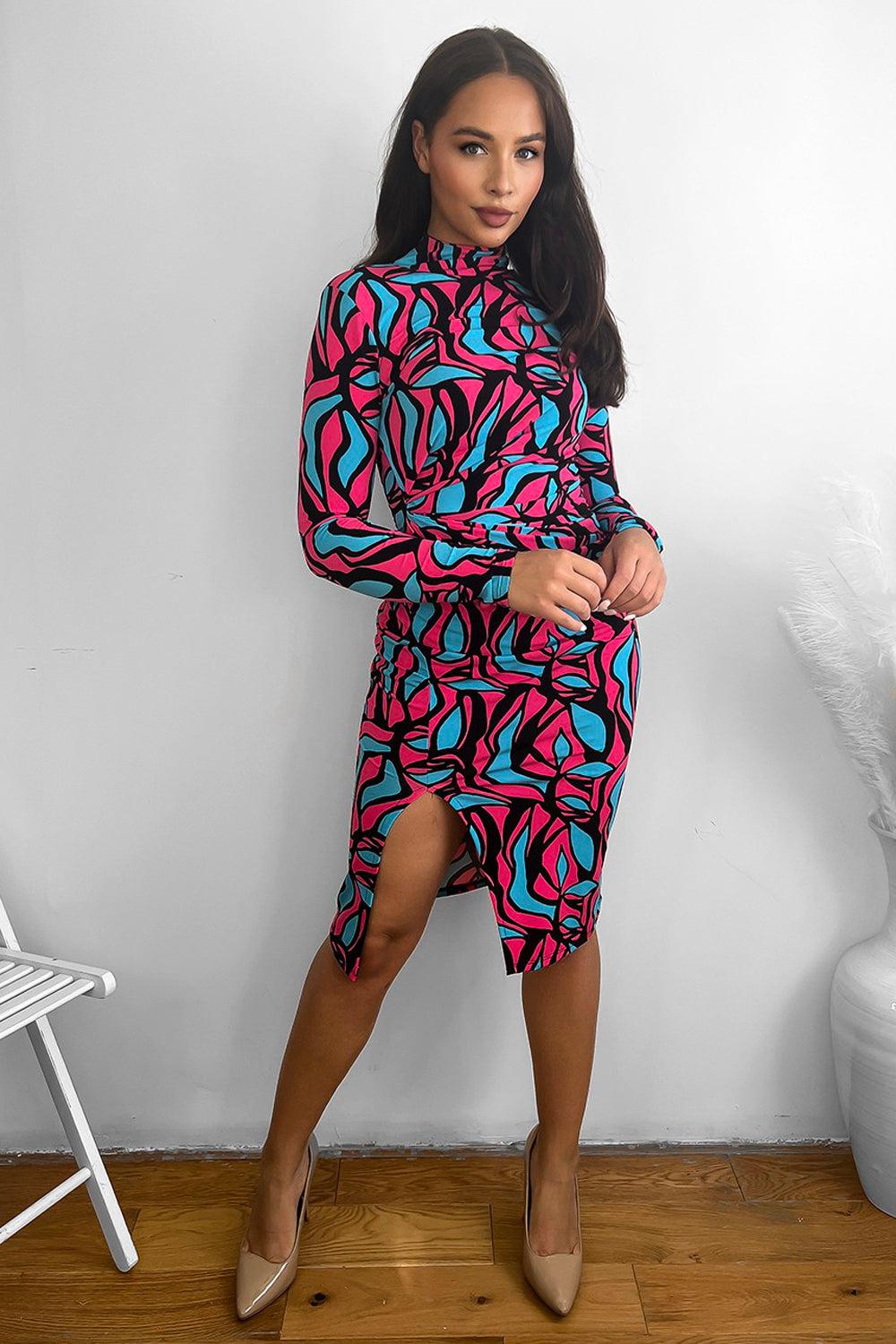 Abstract Multicolour Print High Neck Slinky Dress-SinglePrice