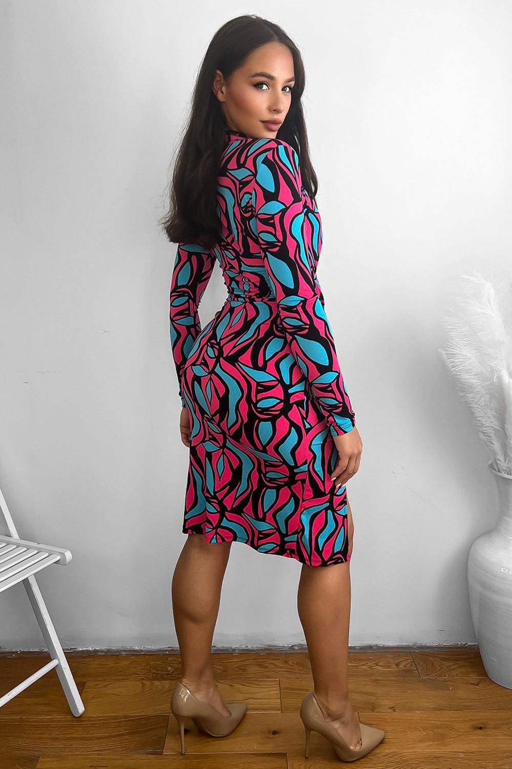 Abstract Multicolour Print High Neck Slinky Dress-SinglePrice