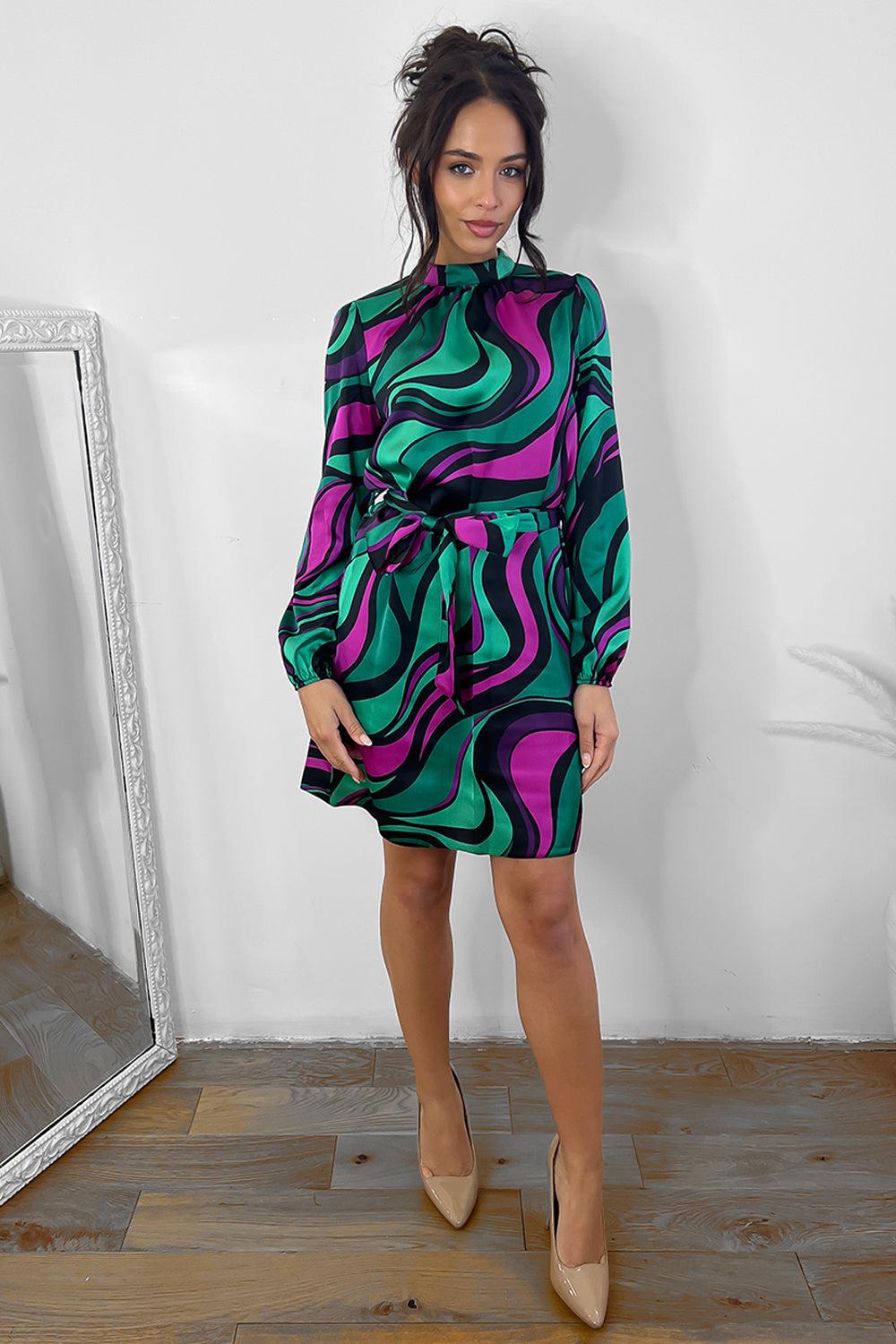 Multicolour Marble Swirl Satin Shirt Dress-SinglePrice