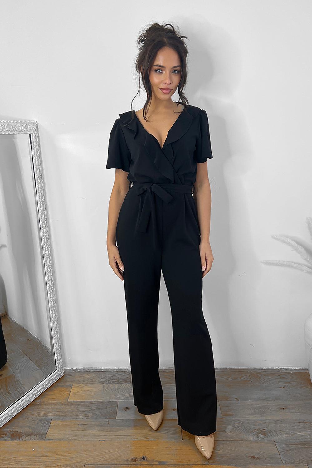 Black Frilled V-Neck Waist Tie Jumpsuit-SinglePrice