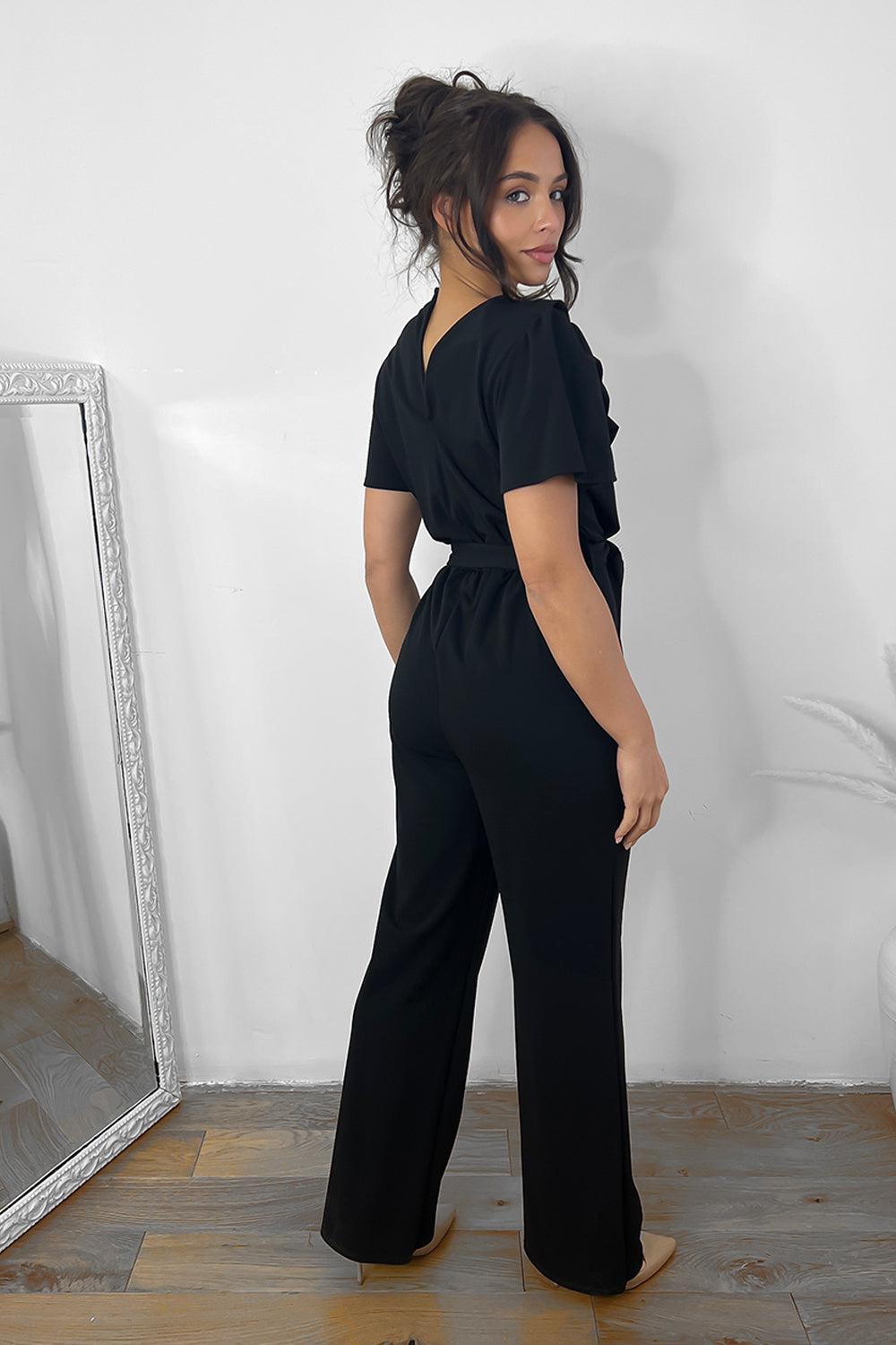 Black Frilled V-Neck Waist Tie Jumpsuit-SinglePrice
