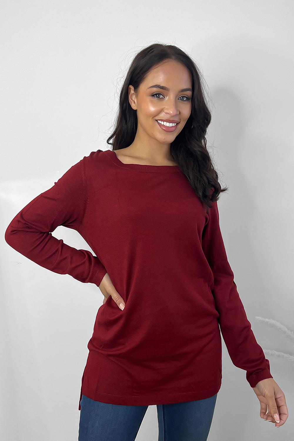 Thin Knit Asymmetric Hem Round Neck Pullover-SinglePrice