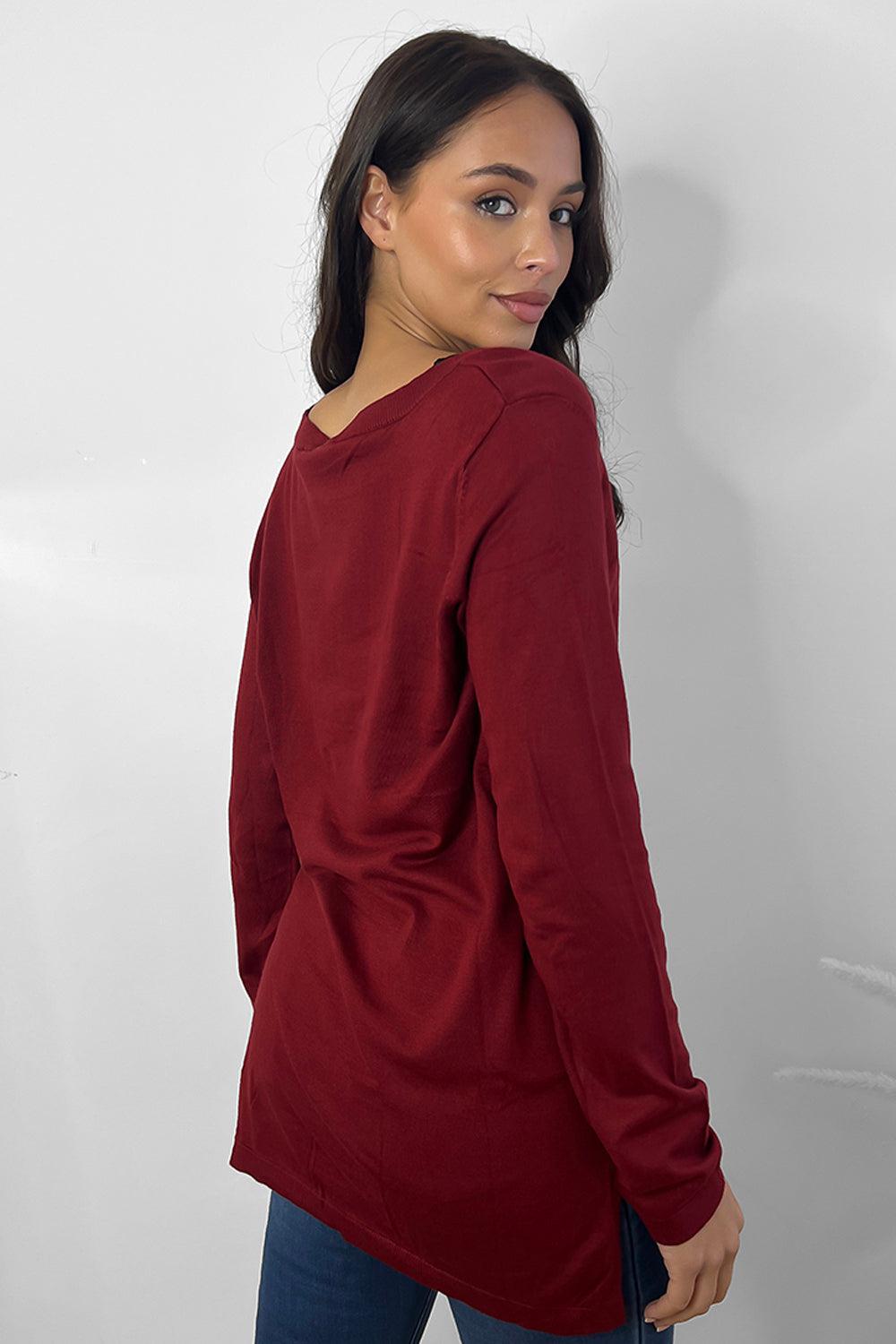 Thin Knit Asymmetric Hem Round Neck Pullover-SinglePrice