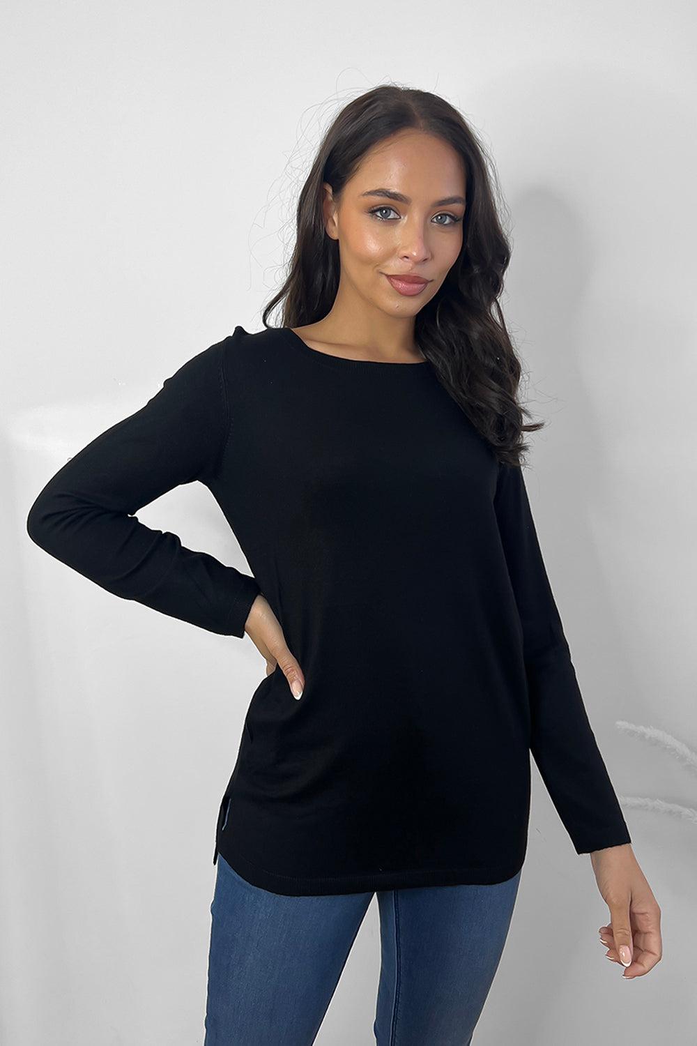 Thin Knit Asymmetric Hem Round Neck Pullover-SinglePrice