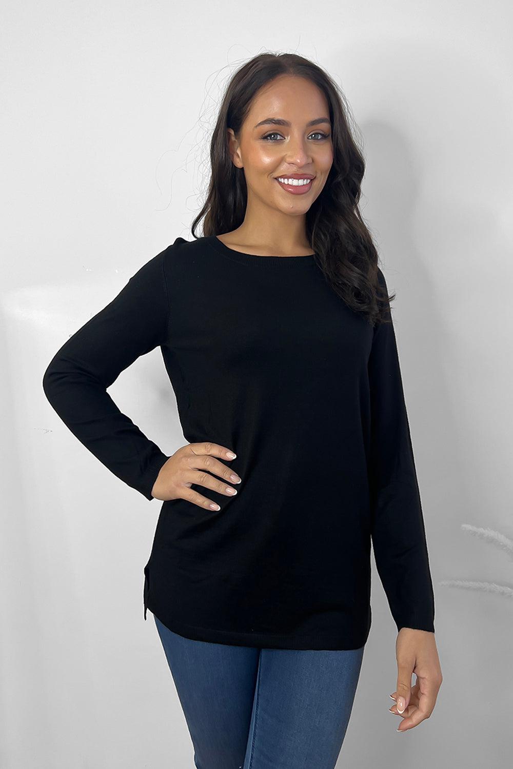 Thin Knit Asymmetric Hem Round Neck Pullover-SinglePrice