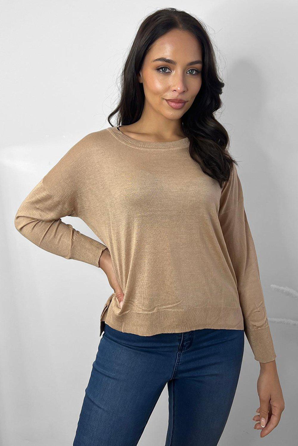 Thin Knit Ribbed Trims Classic Scoop Pullover-SinglePrice