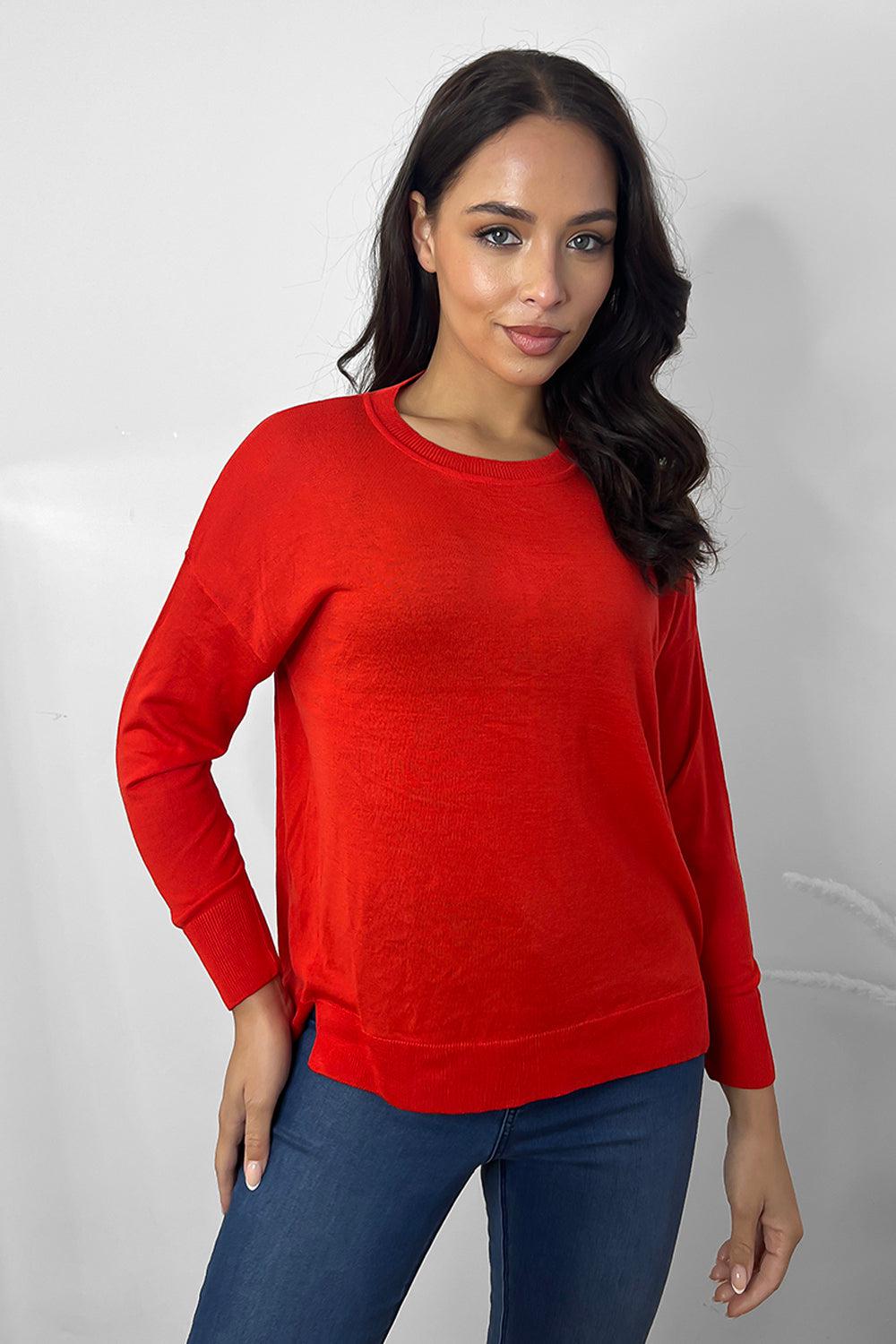 Thin Knit Ribbed Trims Classic Scoop Pullover-SinglePrice