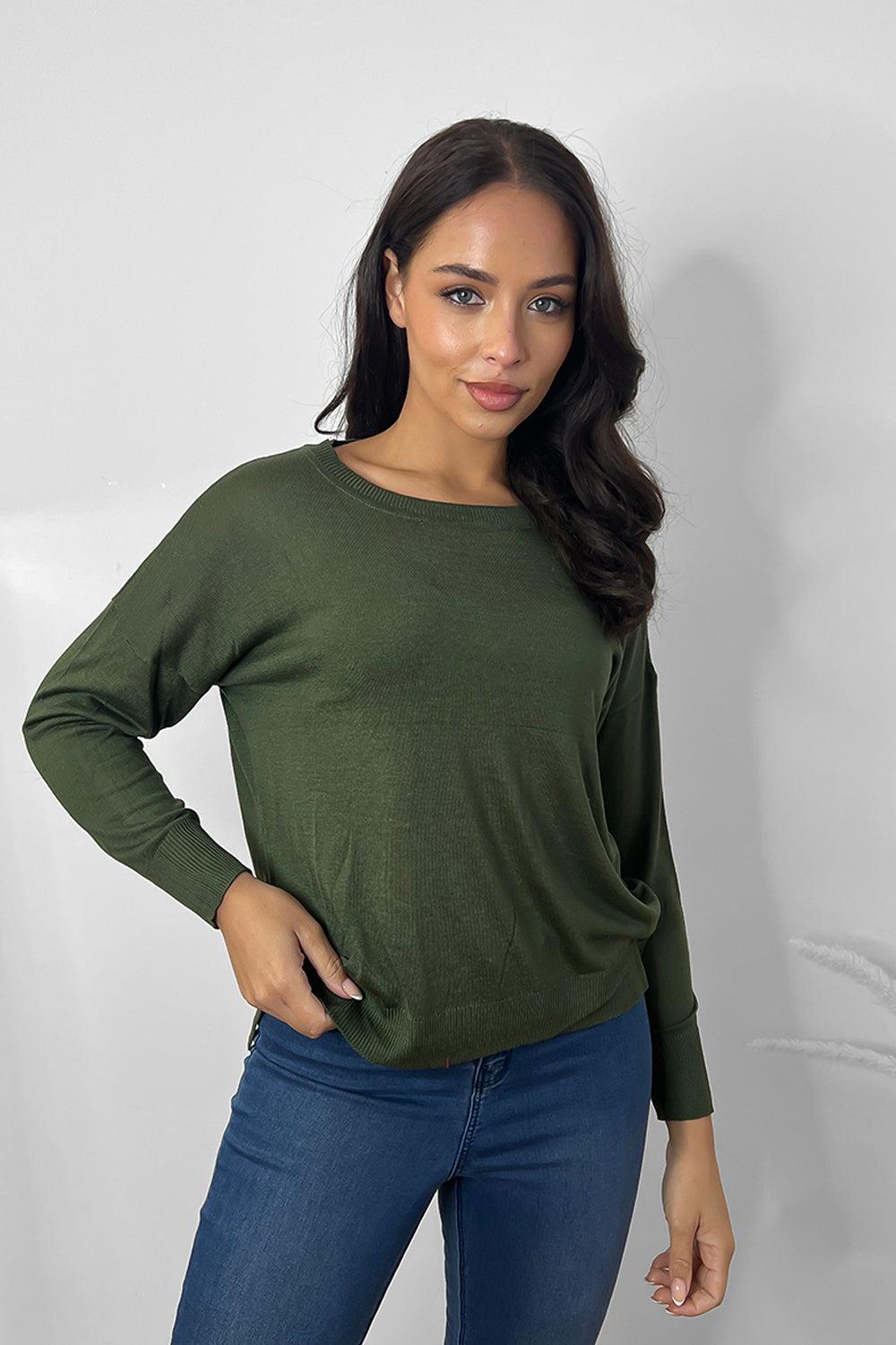 Thin Knit Ribbed Trims Classic Scoop Pullover-SinglePrice