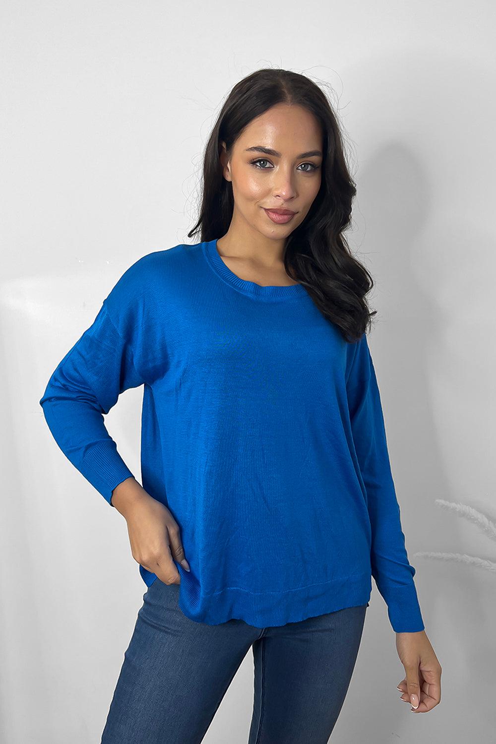 Thin Knit Ribbed Trims Classic Scoop Pullover-SinglePrice