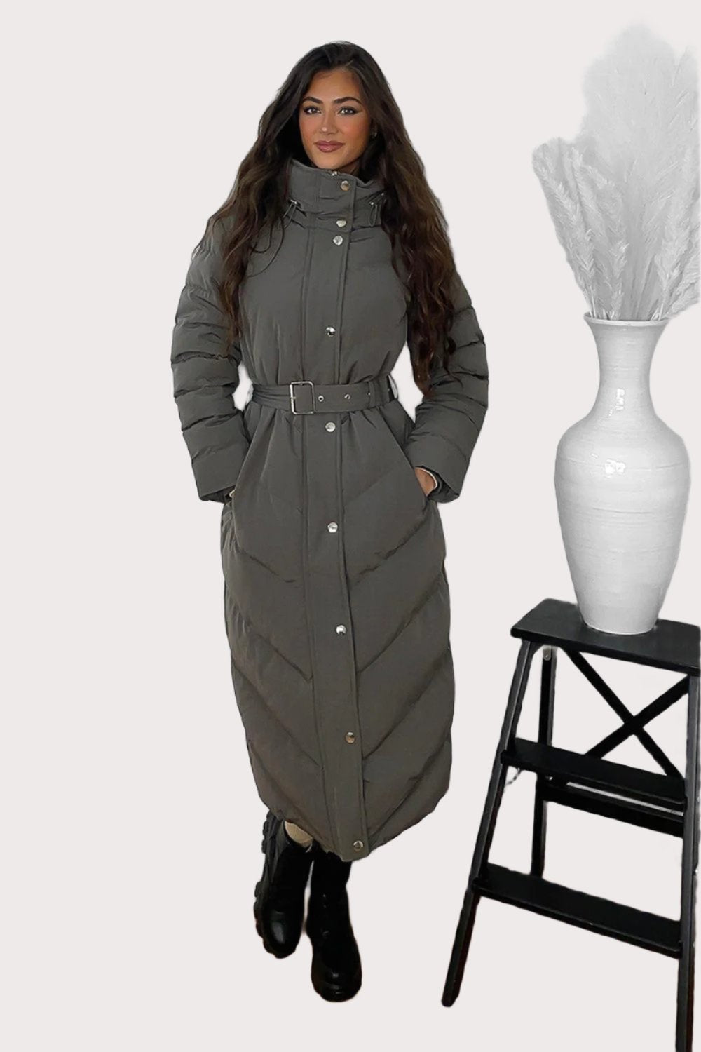 Drawstring Hood Belted Midi Puffer Jacket-SinglePrice