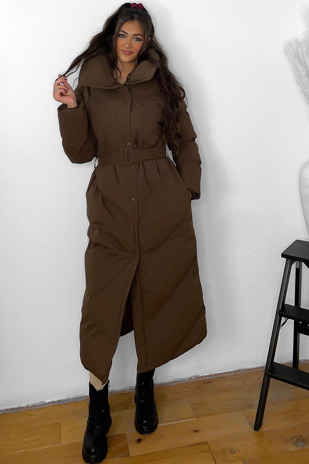 High Neck Belted Midi Puffer Jacket-SinglePrice