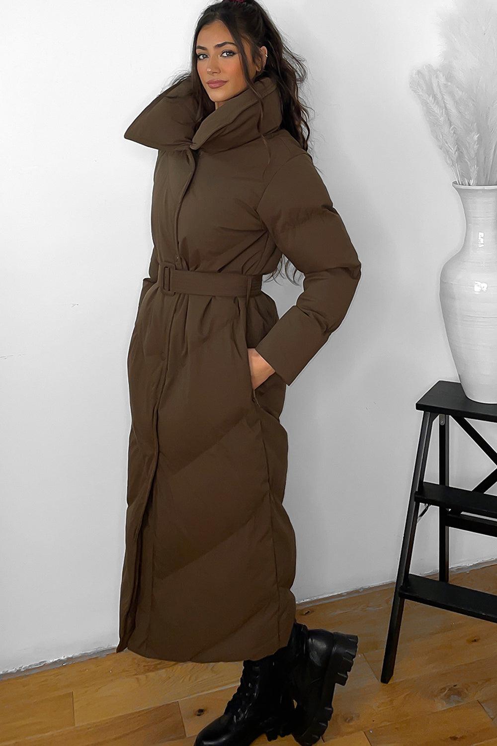 High Neck Belted Midi Puffer Jacket-SinglePrice