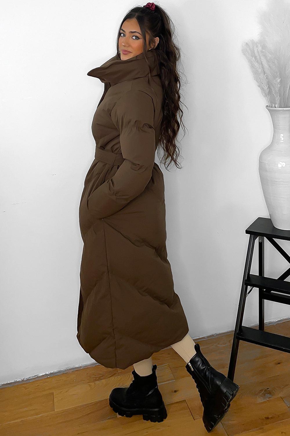 High Neck Belted Midi Puffer Jacket-SinglePrice