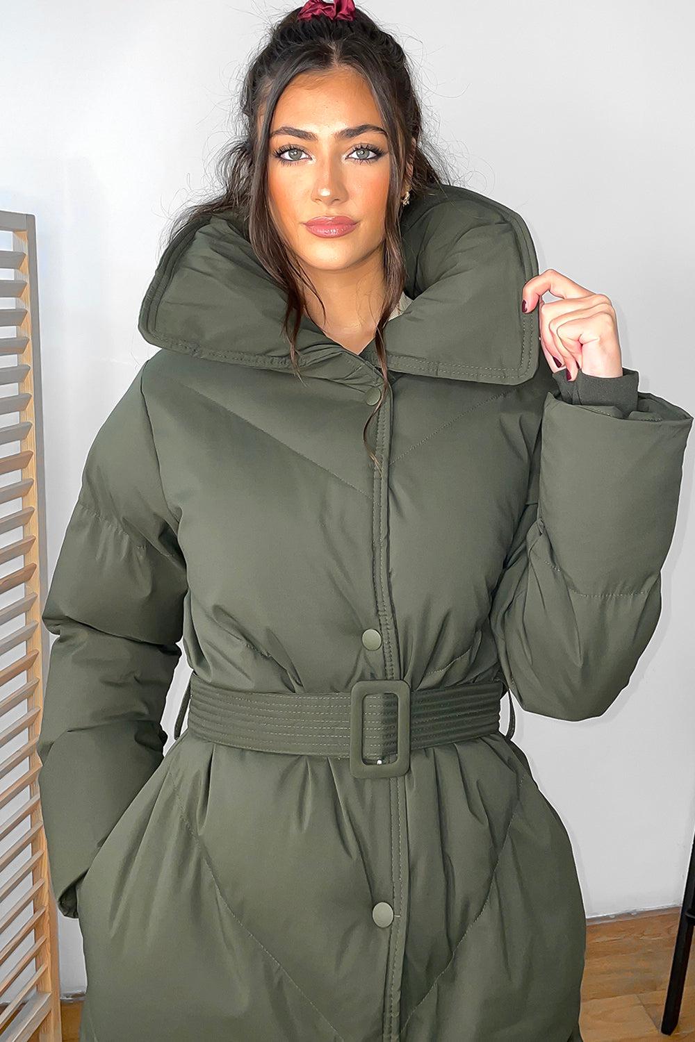 High Neck Belted Midi Puffer Jacket-SinglePrice