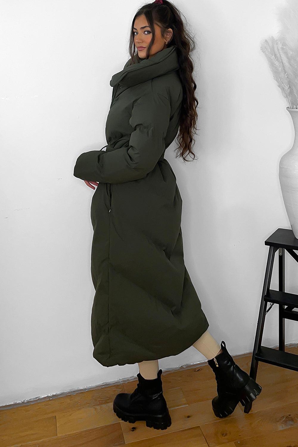 High Neck Belted Midi Puffer Jacket-SinglePrice