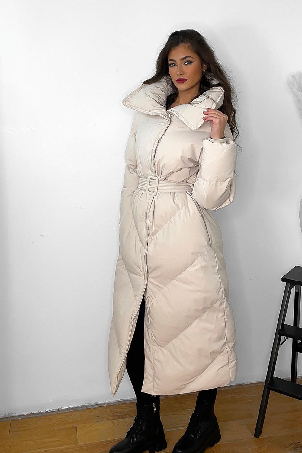 High Neck Belted Midi Puffer Jacket-SinglePrice