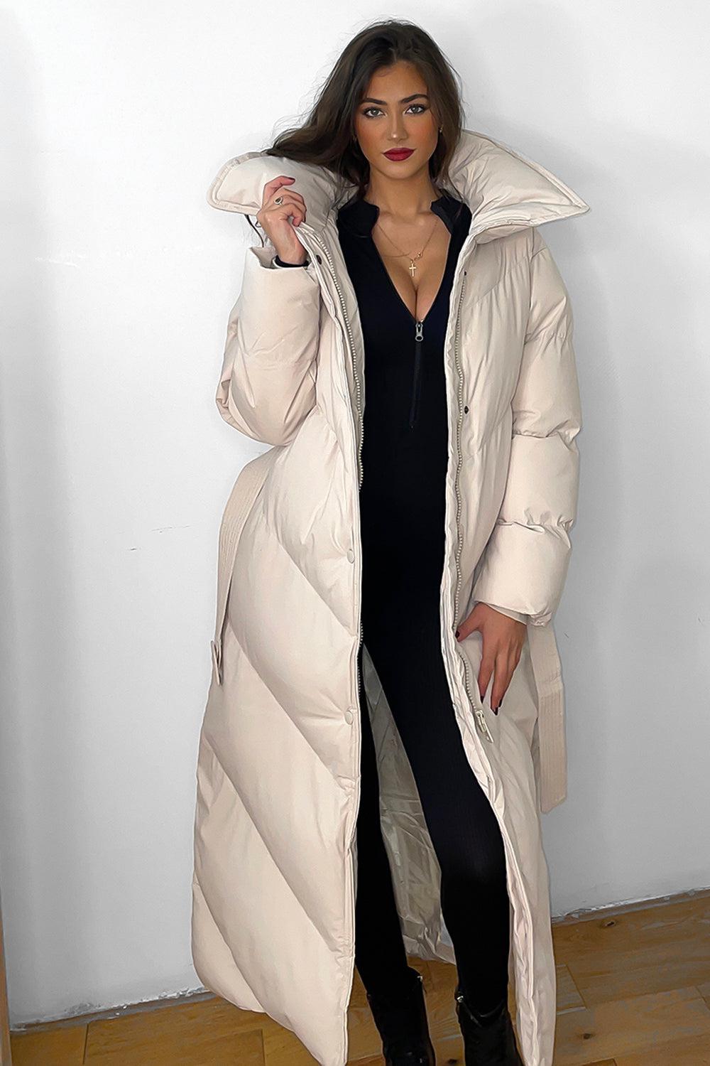 High Neck Belted Midi Puffer Jacket-SinglePrice