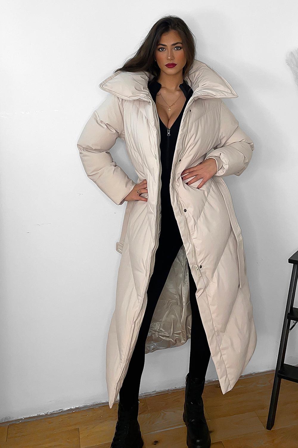 High Neck Belted Midi Puffer Jacket-SinglePrice