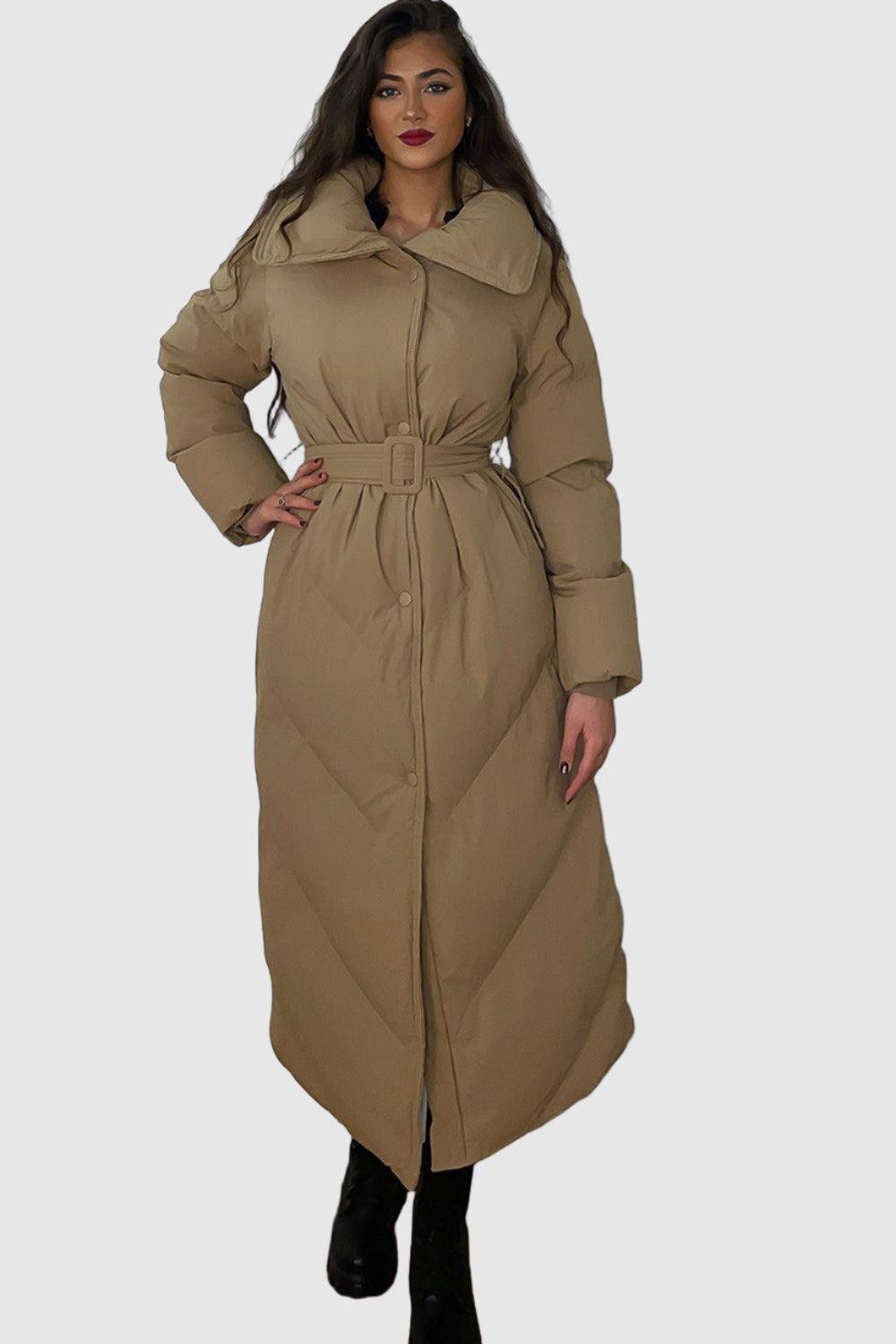 High Neck Belted Midi Puffer Jacket-SinglePrice