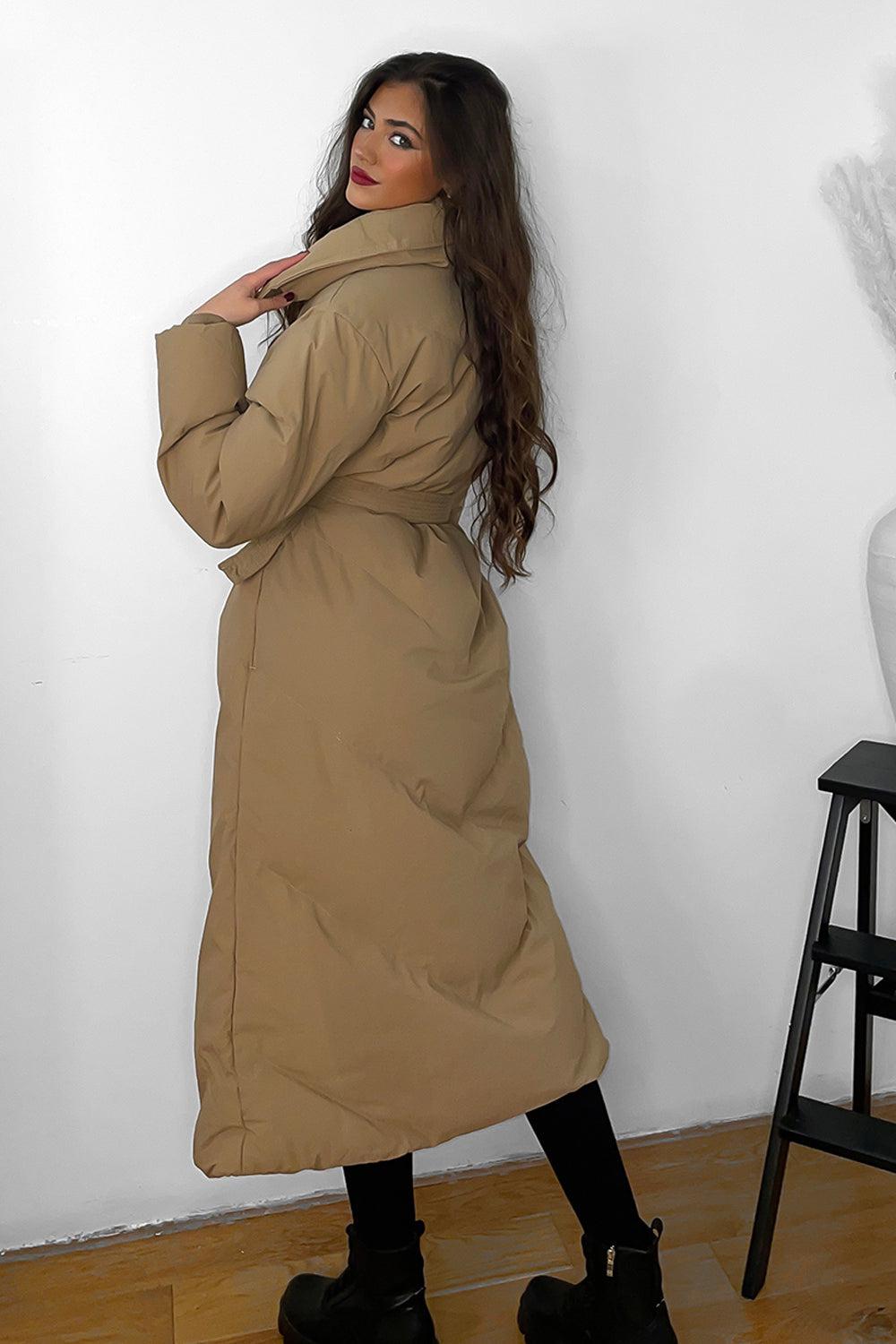 High Neck Belted Midi Puffer Jacket-SinglePrice