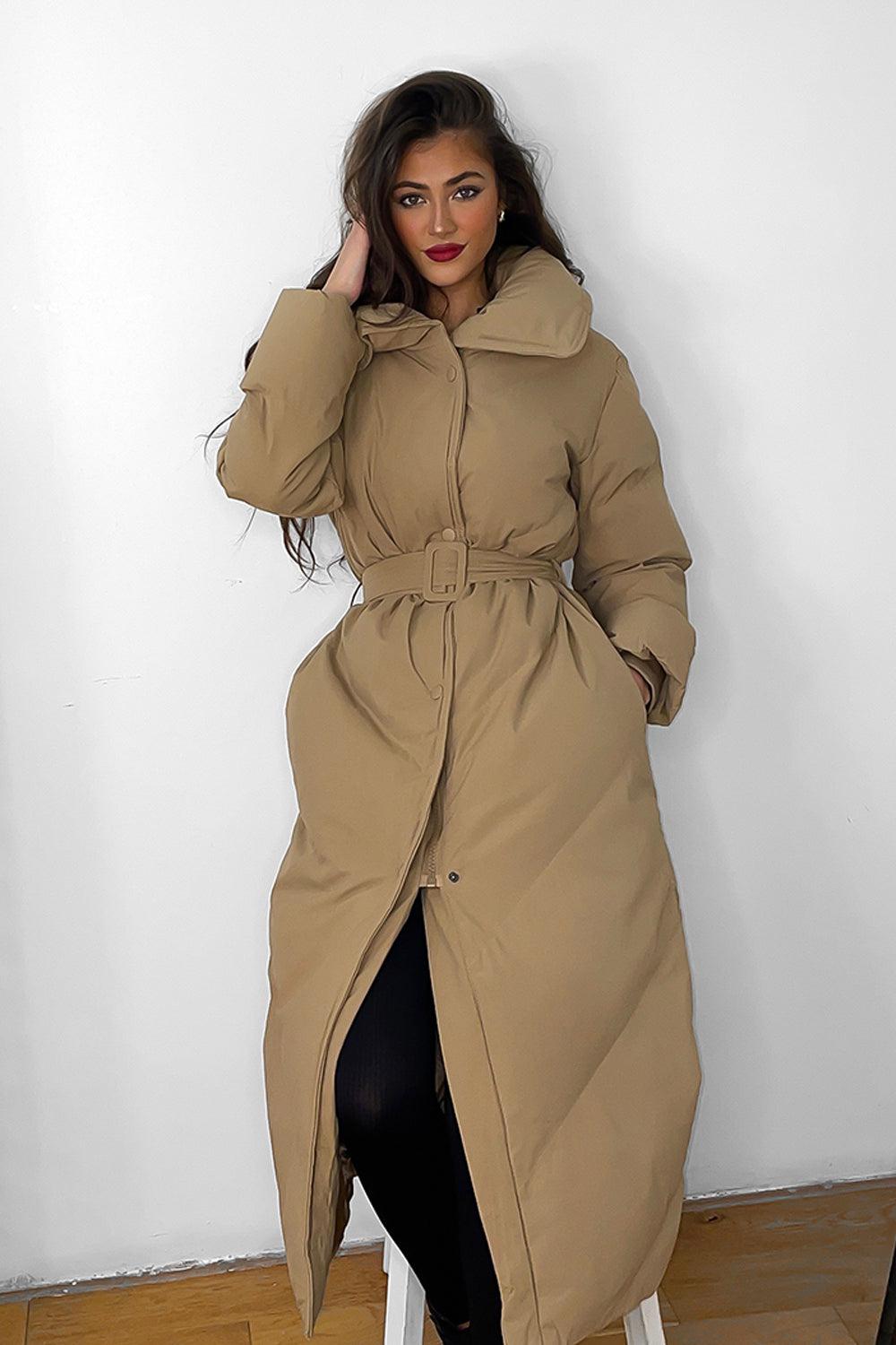 High Neck Belted Midi Puffer Jacket-SinglePrice