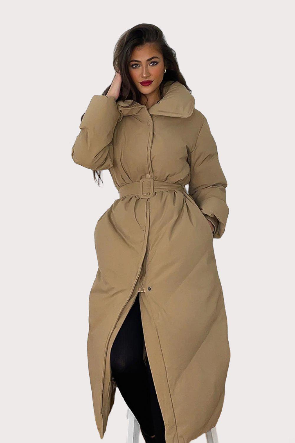 High Neck Belted Midi Puffer Jacket-SinglePrice