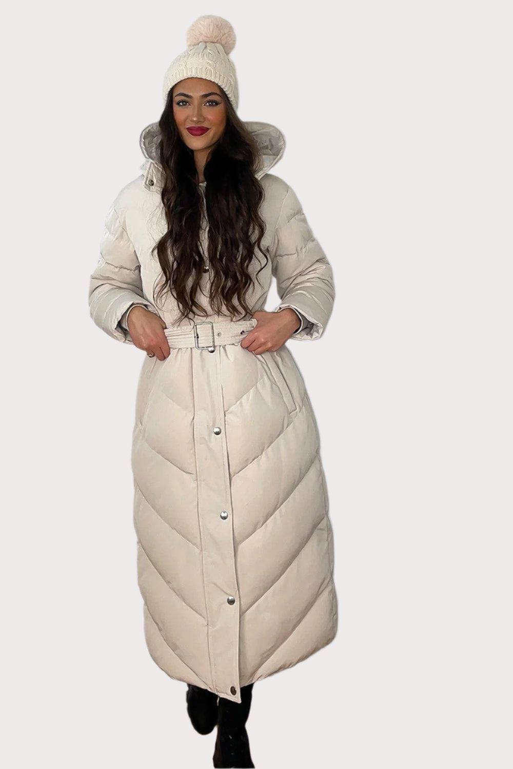 Drawstring Hood Belted Midi Puffer Jacket-SinglePrice