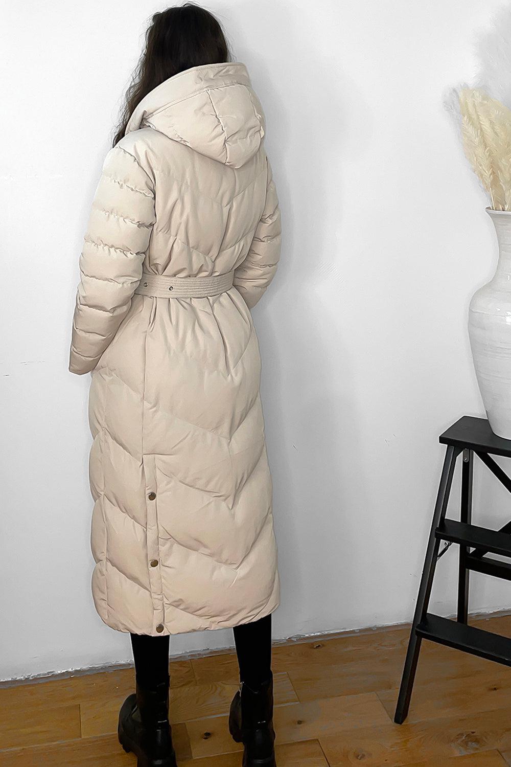 Drawstring Hood Belted Midi Puffer Jacket-SinglePrice