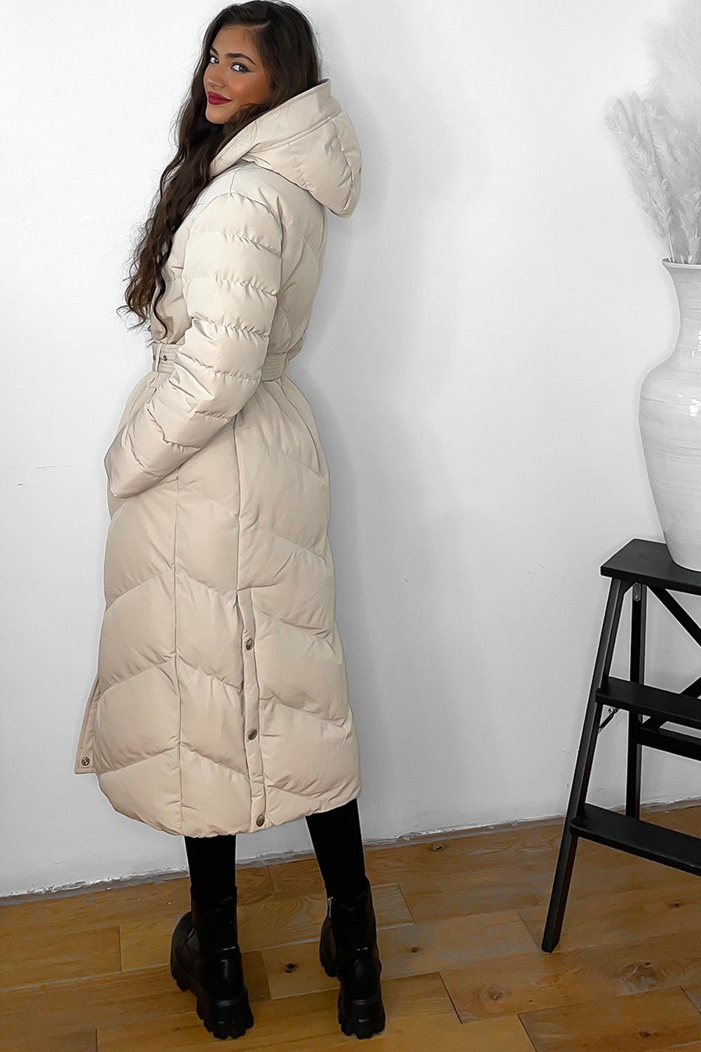 Drawstring Hood Belted Midi Puffer Jacket-SinglePrice