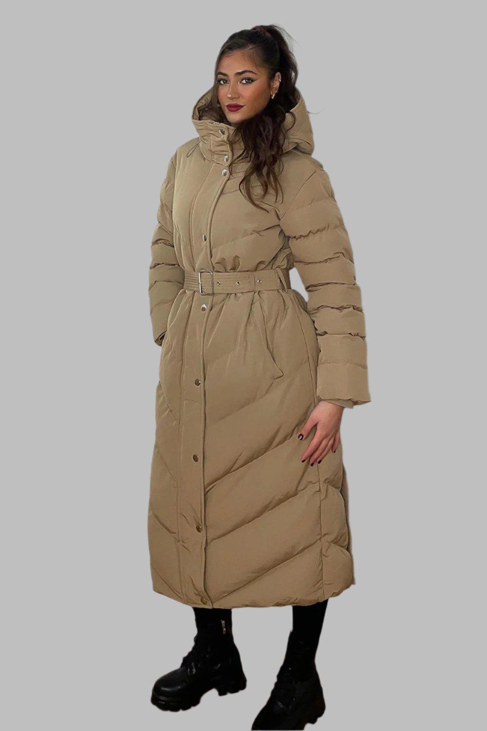 Drawstring Hood Belted Midi Puffer Jacket-SinglePrice