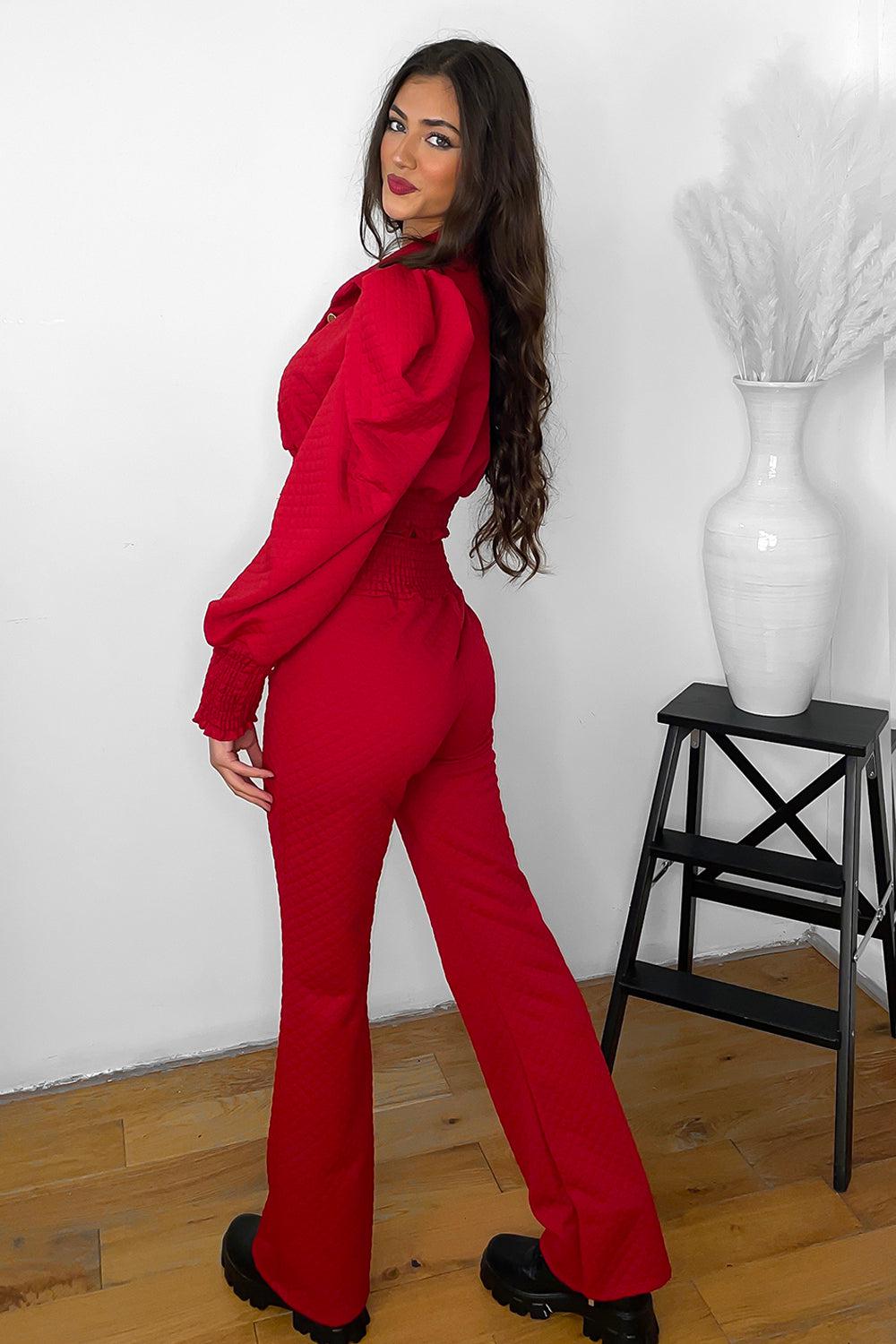 Jacquard Extra Puff Shoulder Top And Trousers Set-SinglePrice