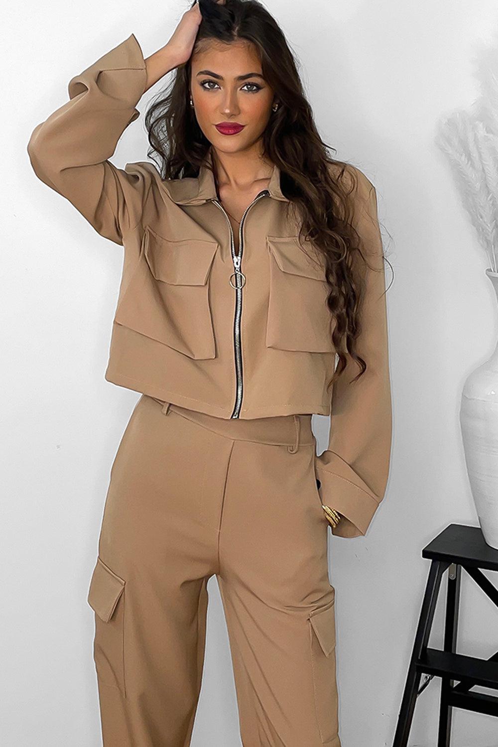 Large Pockets Propped Jacket And Utility Trousers Set-SinglePrice
