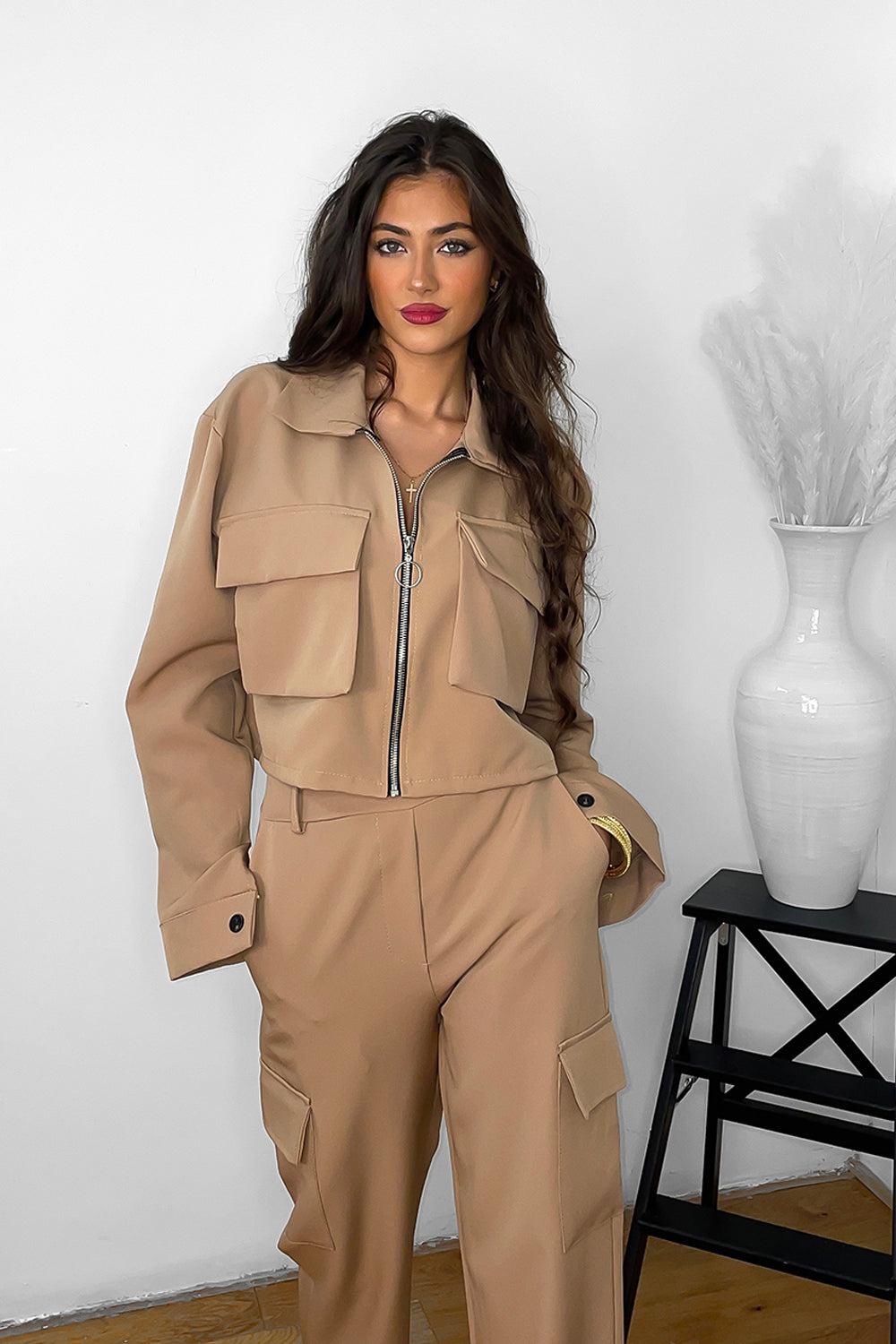 Large Pockets Propped Jacket And Utility Trousers Set-SinglePrice