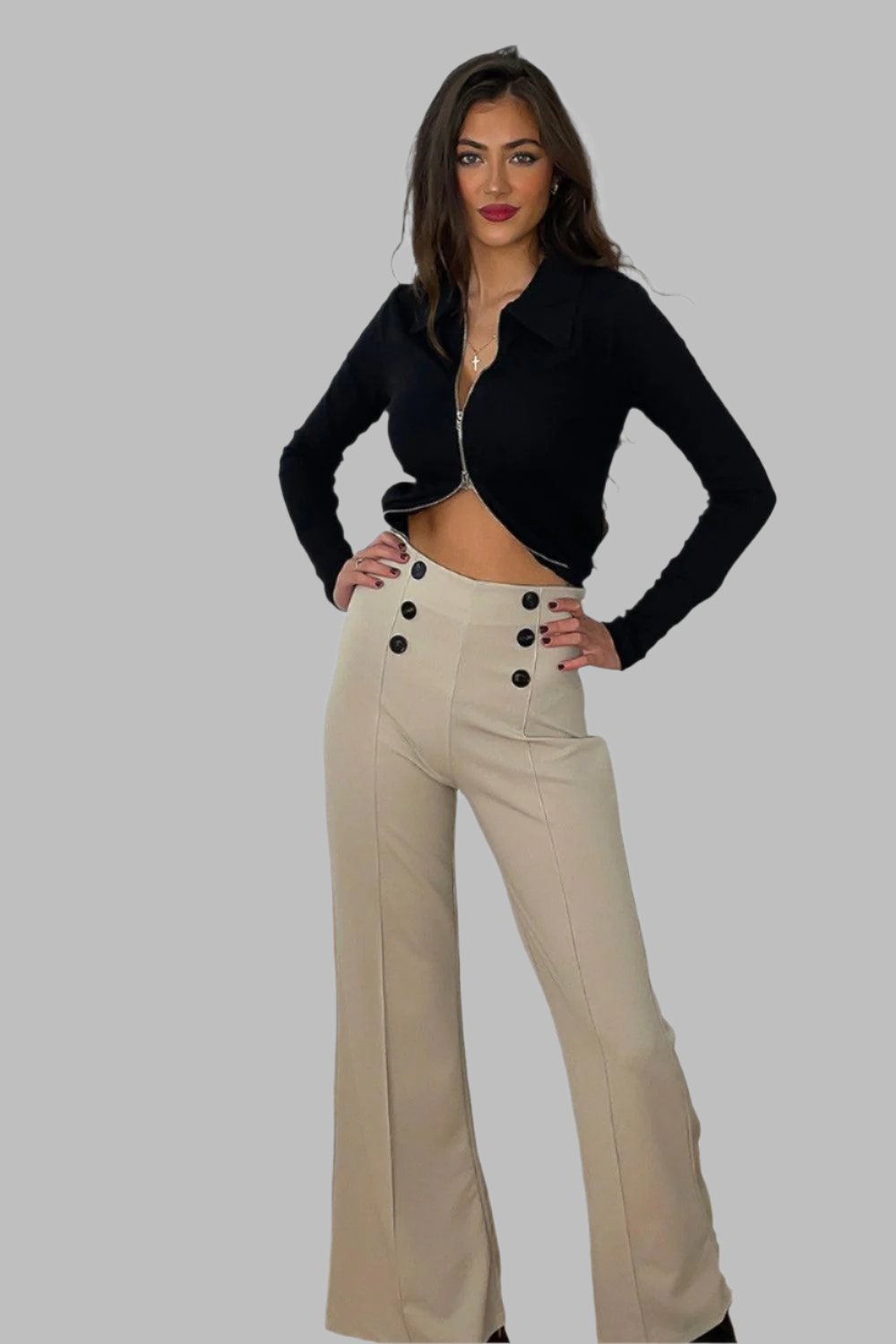 Double Breasted Buttons Details High Waist Trousers-SinglePrice