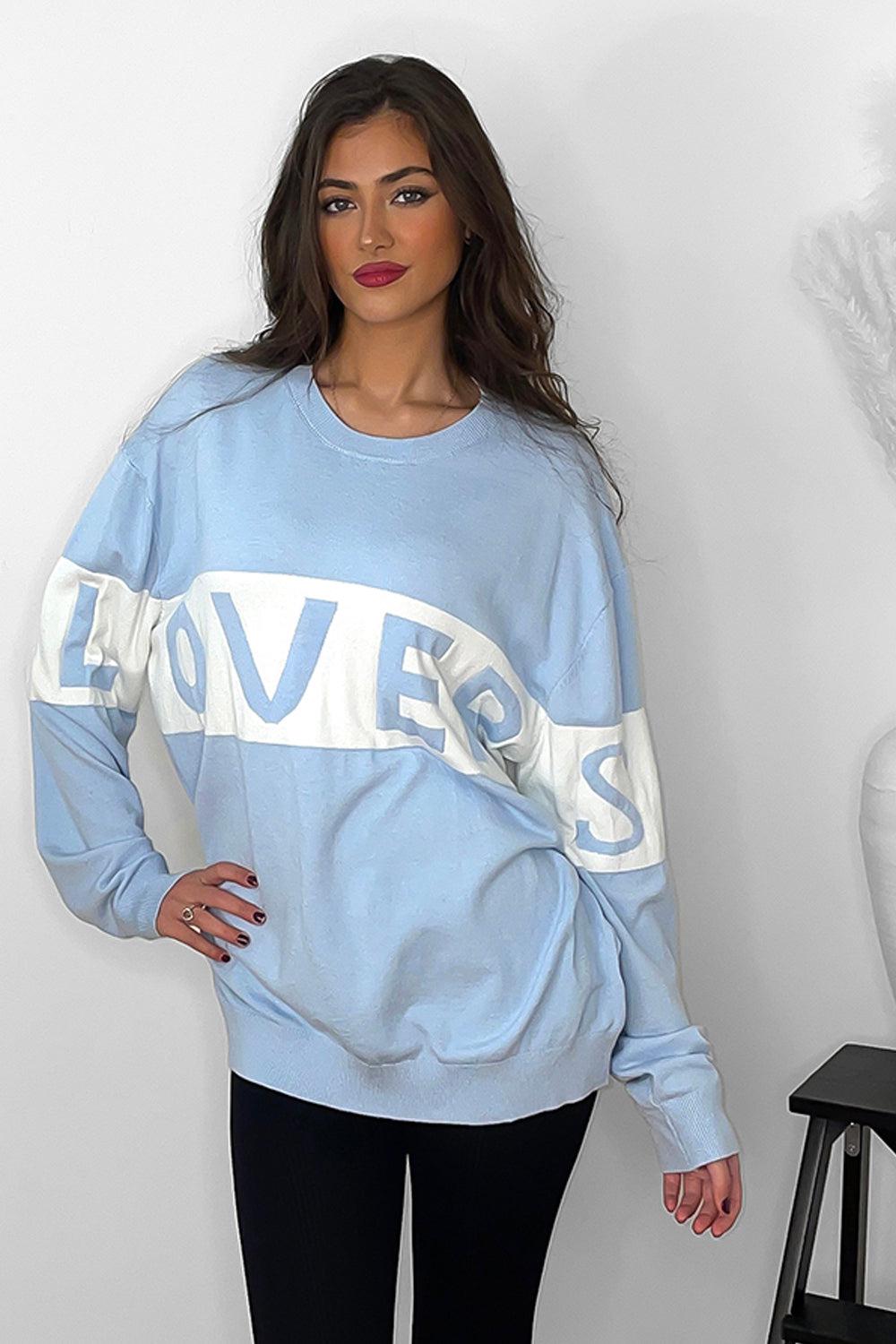 Baby Blue Lover's Slogan Sweatshirt-SinglePrice