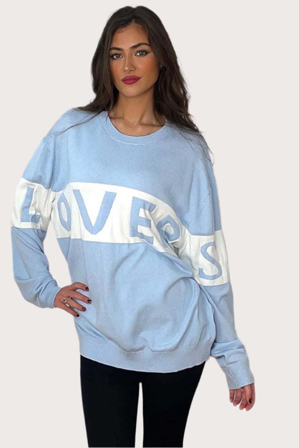 Baby Blue Lover's Slogan Sweatshirt-SinglePrice