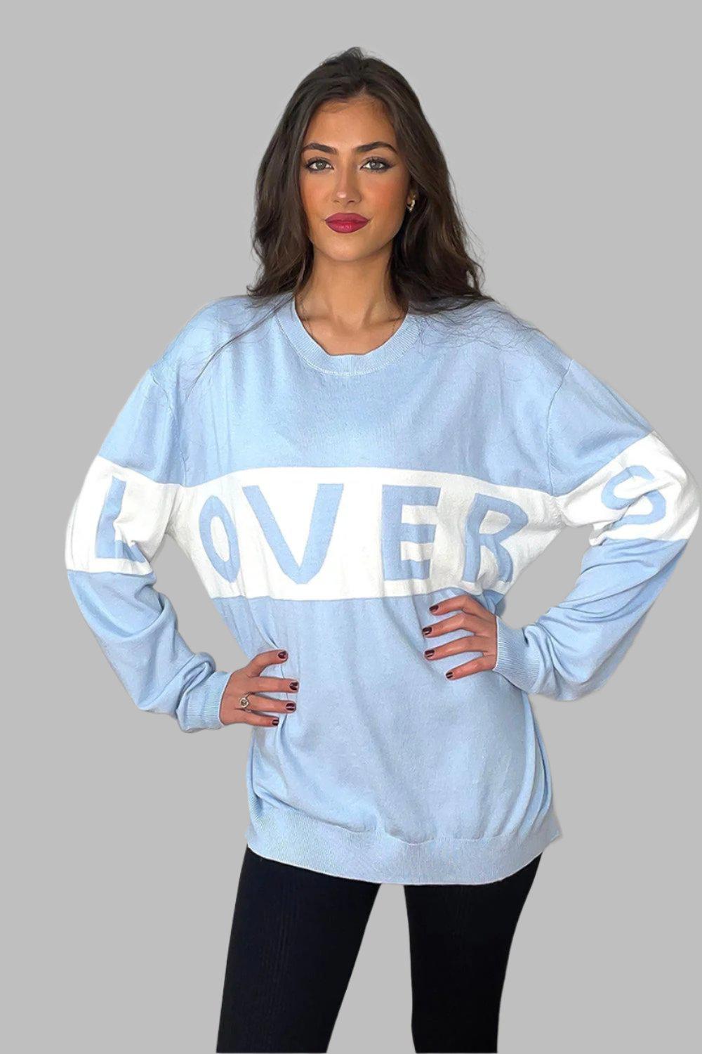 Baby Blue Lover's Slogan Sweatshirt-SinglePrice