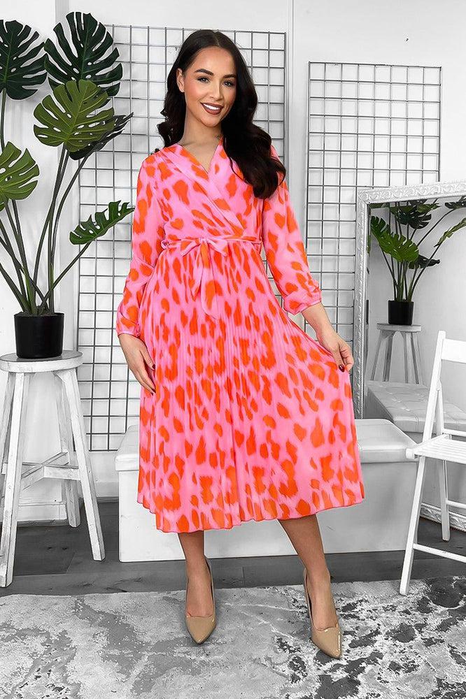 Pink Orange Print Pleated Chiffon Midi Dress-SinglePrice