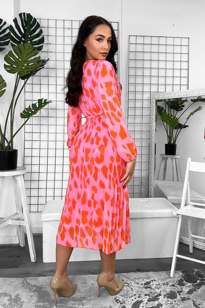 Pink Orange Print Pleated Chiffon Midi Dress-SinglePrice