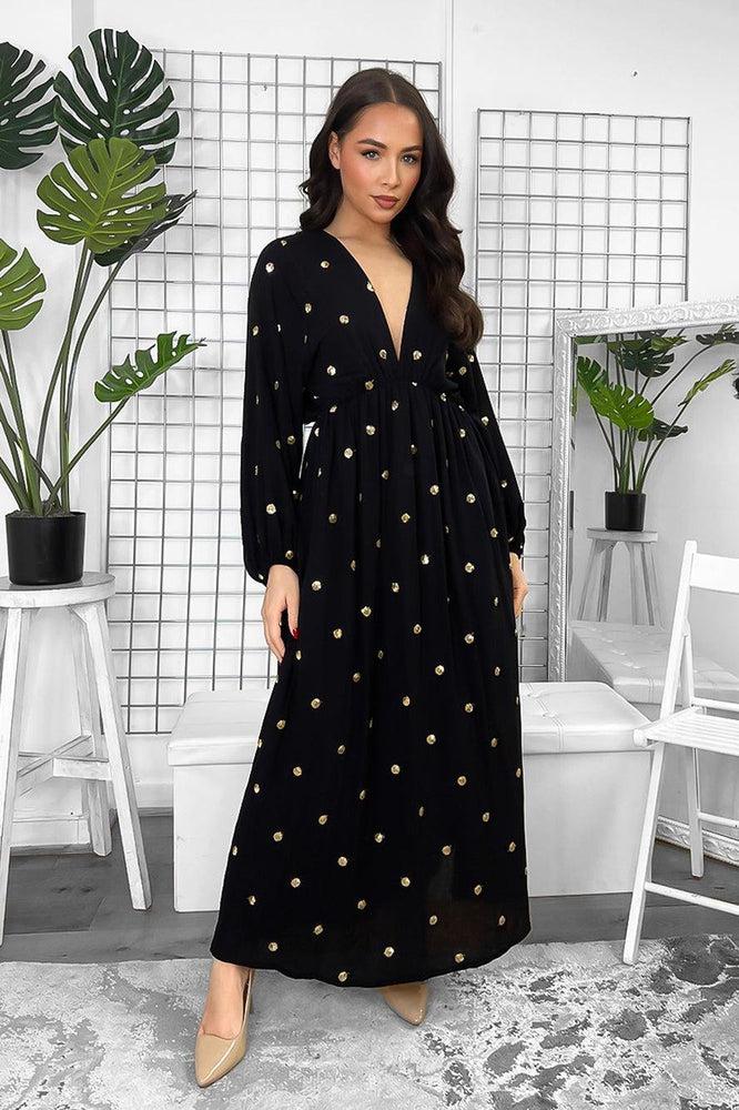 Deep V-Neck Golden Bokeh Chiffon Maxi Dress-SinglePrice