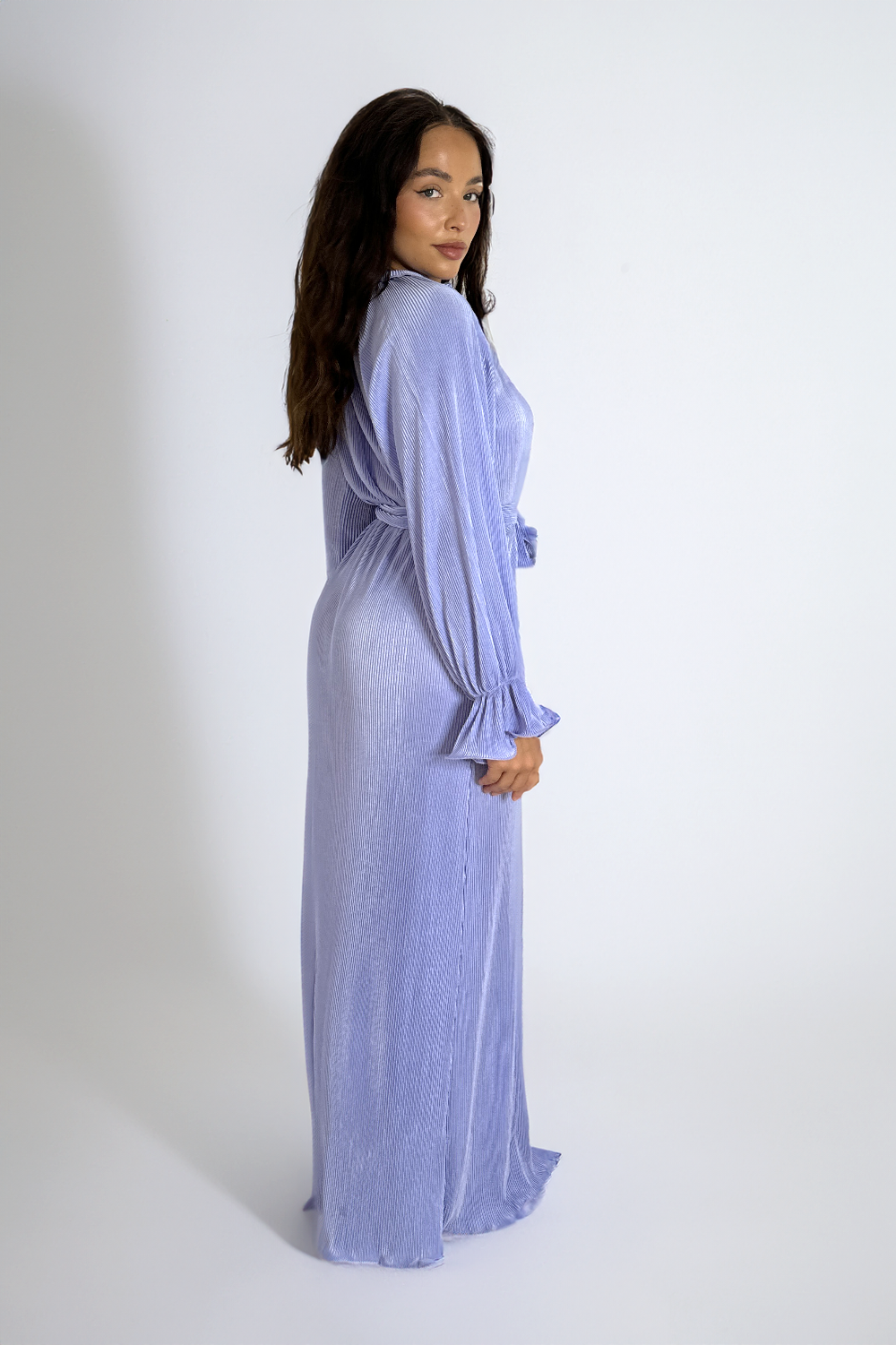 Satin Plisse Button Down Elegant Extra Long Tie Up Maxi Dress