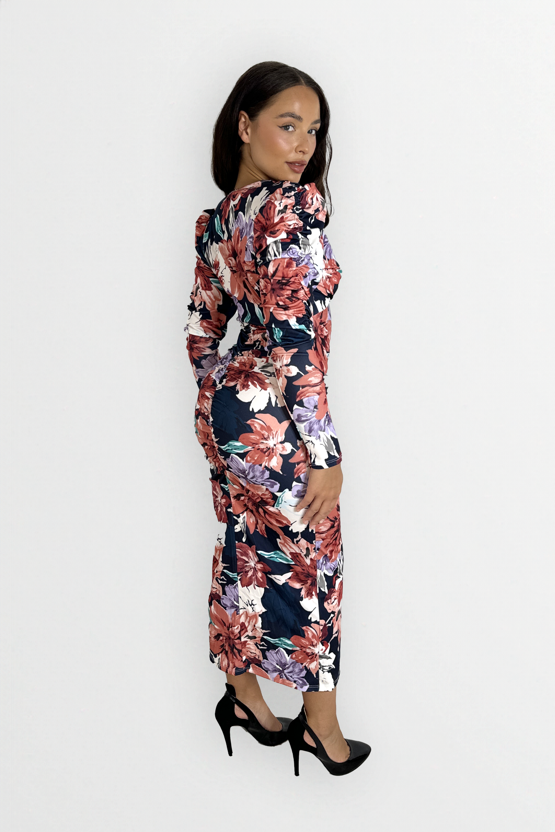 Ruched Puff Long Sleeve Low Cut Floral Print Slinky Bodycon Dress