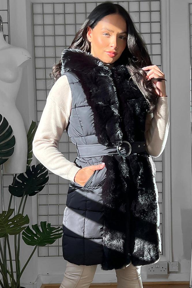 Faux Fur Trimmed Sleeveless Belted Jacket-SinglePrice